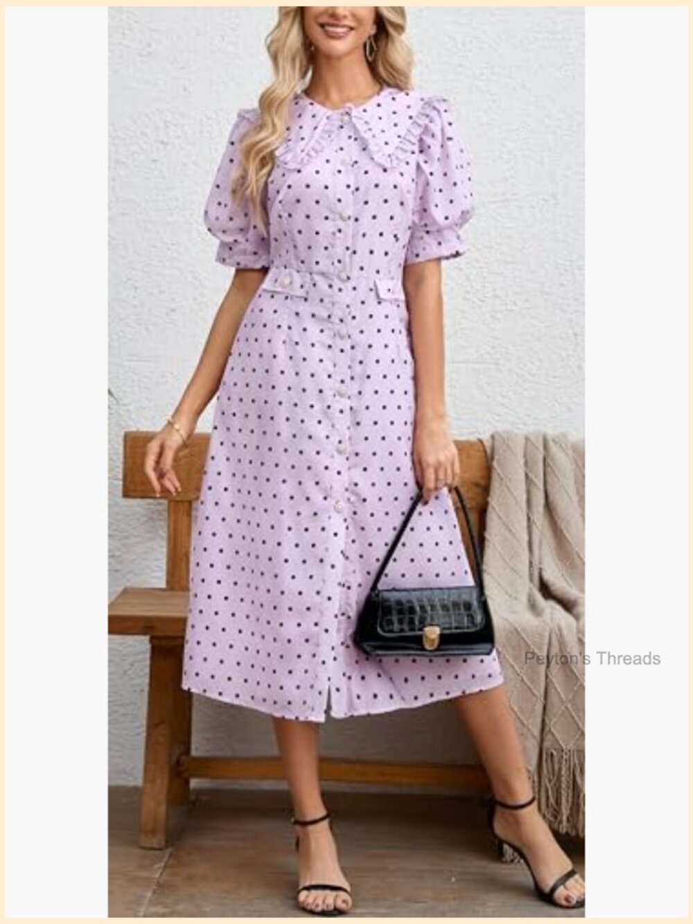 Puff Sleeve Peter Pan Collar Polka Dot Midi Dress with Pockets - Picture 6 of 7
